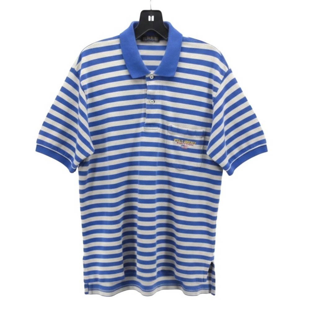 VTG 90s Ralph Lauren POLO SPORT SHIRT Blue/Gray Stripes SPELL OUT FLAG Pocket L